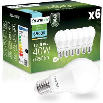 LUMILED 6x LED žarulja E27 A60 5W = 40W 550 lm 6500K hladno svjetlo 260°