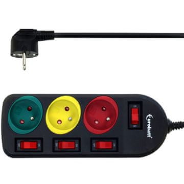 Produžni kabel, produžni kabel s prekidačima, 3 m, 3 utičnice, crni