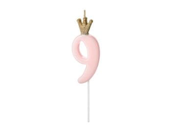 PartyDeco Rođendanska svijeća BROJ 9 Svijetlo RUŽIČASTA 9,5 cm