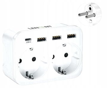 Utičnica sa 6 ulaza (4 USB punjača), bijela produžna utičnica