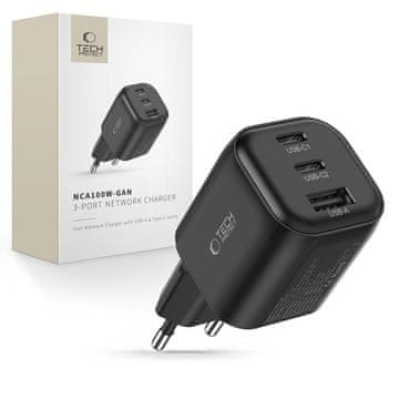 Tech-protect NCA100W GaN mrežni punjač USB / 2x USB-C PD 3.2 100W / QC3.0, crna