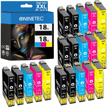 Nikcorp Zamjenske tinte NINETEC 18XL za Epson Expression Home XP-102/202/225/332/442, set 20 komada, XL kapacitet, 8x crna, 4x plava, 4x purpurna, 4x žuta, za visoku iskoristivost do 8200 stranica, novi čip