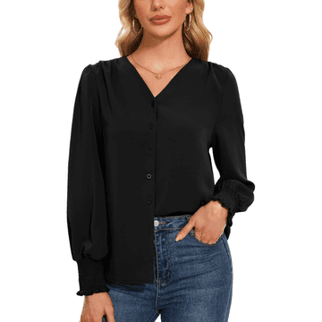 Nikcorp Ženska bluza Atxnn, elegantna šifonska košulja dugih puf rukava, V-izrez, crna boja, veličina S, 100% poliester, casual i poslovni stil, elastične manžete, udobna ženska odjeća za sve prigode