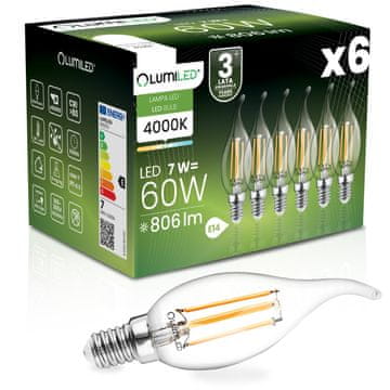 LUMILED 6x LED žarulja E14 svijeća BA35 7W = 60W 806lm 4000K neutralna 360° luminirana žarna niti