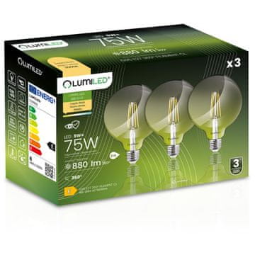 LUMILED 3x LED žarulja E27 sfera G95 8W = 75W 880lm 3000K topla 360° luminirana žarna nit