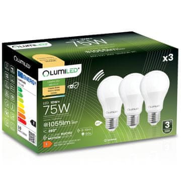 LUMILED 3x LED žarulja E27 A60 10W = 75W 1055lm 3000K Topla 260° sa senzorom pokreta koji svijetli