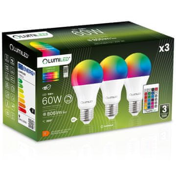 LUMILED 3x LED žarulja E27 A60 9W = 60W 806lm 3000K + rgb višebojna 260° prigušljiva s daljinskim upravljačem