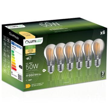 LUMILED 6x LED žarulja E27 A60 6W = 50W 660lm 2200K Topla 360° dimljena luminirana žarna nit