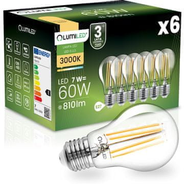 LUMILED 6x LED žarulja E27 A60 7W = 60W 810lm 3000K Topla 360° Lumiled Filament