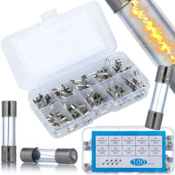WTA set staklenih osigurača, brzi, 5x20mm, 100 komada, 0,2A-20A