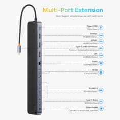 BASEUS 12u1 HUB stalak za prijenosno računalo USB-C USB-A DP HDMI SD TF RJ45 3,5 mm priključak PD 100W sivi