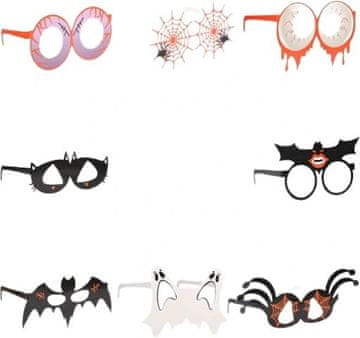 Nikcorp Papirnate naočale za maskenicu Cosplay Halloween, set 9 komada okvira različitih uzoraka šišmiš, očna jabučica, paukova mreža, pauk, crna mačka, duh