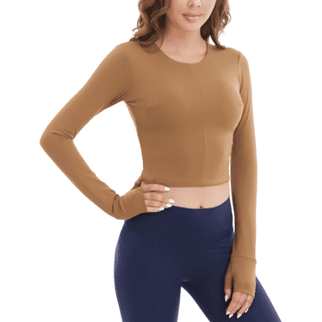 Nikcorp Ženska sportska majica Slim Fit dugih rukava fitness joga smeđa L, prozračna tkanina odvodi vlagu 78% najlon 22% elastan, uklonjive košarice, otvori za palac