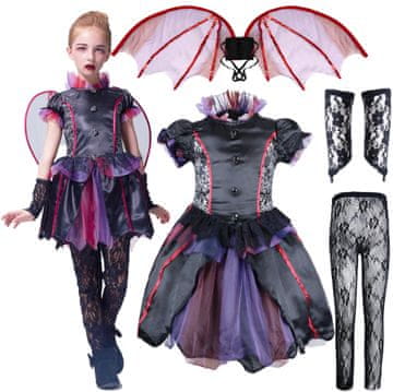 Nikcorp Haljina Odijelo Vampir Bat IKALI, 116 cm (4-6 g.), Halloween maskenbal karneval, visoki ovratnik, mrežasti til, ljubičasti til slojevi i crna čipka, krila šišmiša sa crvenim šljokicama