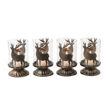 Nikcorp Dekorativni božićni svijećnjak s motivom jelena, metalni set 4 komada, crni, 7x12 cm, uklonjivi stakleni cilindar, za tea light i stupne svijeće, elegantna blagdanska dekoracija za dom i stol