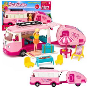 slomart LEAN TOYS Kamper s prikolicom, roza, s lutkom i namještajem