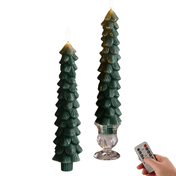 Nikcorp LED svijeće Eywamage božićne jelke 2 kom 25 cm, dekorativne svijeće od pravog voska s daljinskim upravljačem, toplo bijelo treperavo svjetlo, timer, bežične, sigurne za dom, zelena boja, set 2 komada