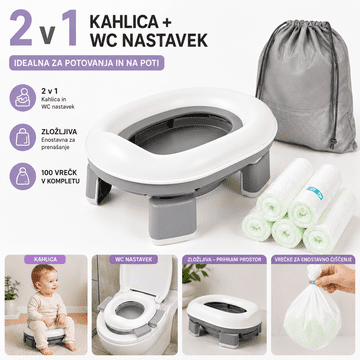 Kruzzel prijenosna dječja kahlica 2v1 + WC nastavak, sklopiva putna kahlica, 100 vrećica