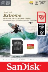SanDisk Extreme microSDXC 128 GB za akcijske kamere i dronove + SD adapter 190 MB/s i 90 MB/s A2 C10 V30 UHS-I U3