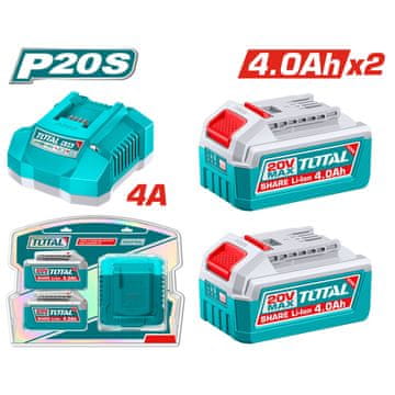 Total One-Stop Tools Komplet 2 kom. Litij-ionska baterija 4,0 Ah i punjač 4.0Ah, 20V/P20S, INDUSTRIAL (TFBCPK2013E)