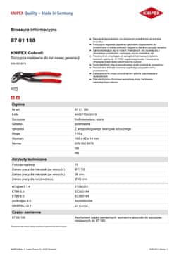 Knipex Cobra kliješta za cijevi 180 mm - KN 87 01 180