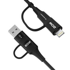 WOZINSKY 4u1 Univerzalni kabel 2x USB-C 1x USB-A 1x Lightning 60W 1m Crni