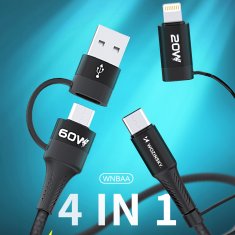 WOZINSKY 4u1 Univerzalni kabel 2x USB-C 1x USB-A 1x Lightning 60W 1m Crni