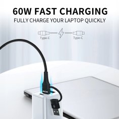 WOZINSKY 4u1 Univerzalni kabel 2x USB-C 1x USB-A 1x Lightning 60W 1m Crni