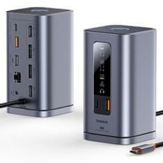 BASEUS Hub priključna stanica 11u1 USB-C HDMI DP USB-A USB-C RJ45 PD Mini Jack 3,5 mm EU punjač - siva