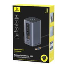 BASEUS Hub priključna stanica 11u1 USB-C HDMI DP USB-A USB-C RJ45 PD Mini Jack 3,5 mm EU punjač - siva