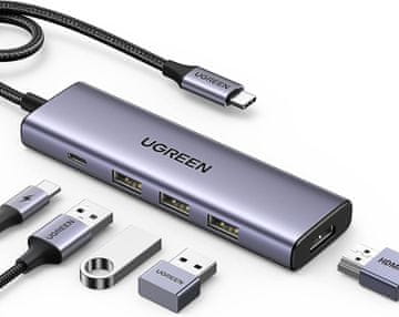 Ugreen 5-u-1 USB-C hub, 100 W PD, 4K@30Hz HDMI, srebrni (15596)