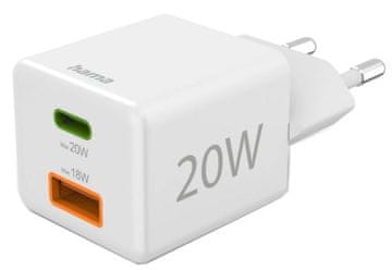 Hama Mrežni punjač HAMA Mini 20W PD/QC, 1X USB-C, 1X USB-A, bijeli