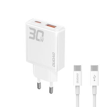 DUDAO GAN 30W USB-A USB-C ZIDNI PUNJAČ S USB-C TELEFONSKIM KABELOM BIJELI