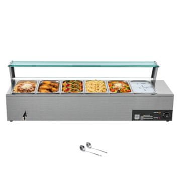 VEVOR Električni parni grijač hrane 6 posuda Bain Marie 1185x365x385 mm srebrni