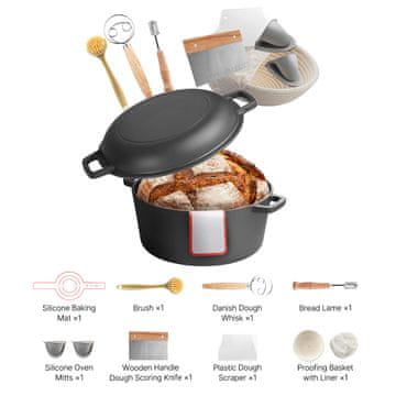 VEVOR Dutch Oven 2-u-1 Posuda s prethodno začinjenim premazom i poklopcem tave 32.2x26x16.5 cm Crna