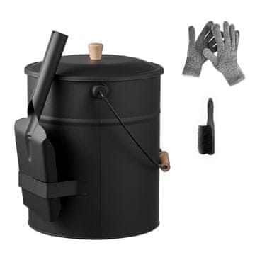VEVOR Set za pepeo 4 dijela s poklopcem, lopaticom, metlom i rukavicama, 15L, 25.4x30.5 cm, crni