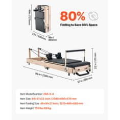 VEVOR Pilates reformer sklopivi drveni uređaj za vježbanje Pilatesa 2380x680x570 mm