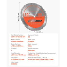 VEVOR Kružna pila list 254x2.6x15.875 mm 80 zubi rezanje aluminija srebrni