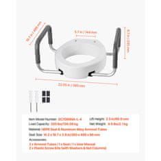VEVOR Povišeno sjedalo za WC s naslonima 560x499x245 mm bijelo