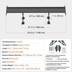 VEVOR Stražnji spojler GT stil podesivo krilo prtljažnika 1106x220x280 mm crno