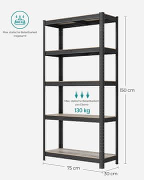 Songmics Polica s 5 polica 150x75x30 cm Crna
