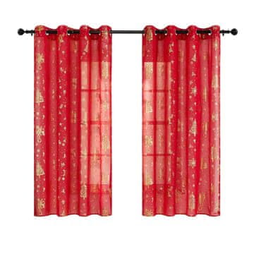 Nikcorp Božićne elegantne zavjese, set 2 komada, 240x140 cm, prozirne crvene boje, s zlatnim božićnim motivima (drvca, zvončići, pahuljice), materijal voal, 8 metalnih ušica promjera 4 cm, idealne za dnevni