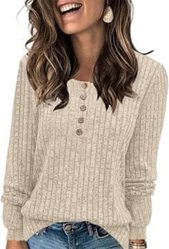 Nikcorp Ženski pleteni džemper Henley, lagani i prozračni materijal, bež boja, veličina M, dugi balon rukavi, okrugli dekolte s gumbima, efekt izduživanja figure, svestran za ured i slobodno vrijeme, udoban