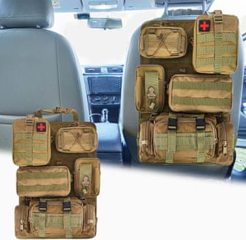 Nikcorp Takticki organizator na sjedalo automobila A-Bež, Modularni sustav pohranu s 5 džepova, Izdržljiva 600D tkanina, Univerzalna montaža za SUV, Džip, Kamionet, Otporan na kidanje, Prozračan, Periv