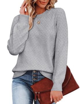 Nikcorp Ženski pleteni džemper dugih rukava, mekani elegantni pulover okruglog izreza, casual slim stil, idealan za proljeće, jesen, zimu, veličina S, siv