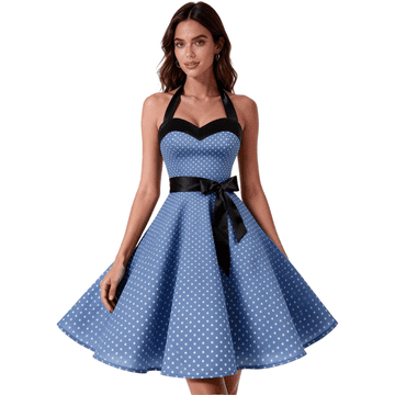 Nikcorp Ženska Vintage Haljina za Koktele s Točkicama, Elegantna Rockabilly Retro Plava, Halterneck Izrez, Podesivo Vezanje na Leđima, Patentni Zatvarač sa Strane, Duljina do Koljena, Periva na 30°C