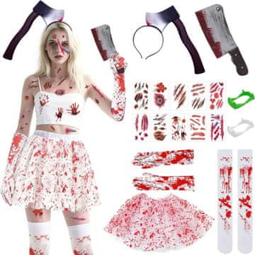 Nikcorp Ženski kostim za Noć vještica set tutu, zombi horor, krvavi detalji, 17 komada, crveni i bijeli, univerzalna veličina, til i tekstil, za zabave i cosplay