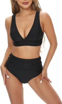 Nikcorp Ženski dvodijelni kupaći kostim Bikini, Push-Up kroj koji oblikuje figuru, visoki struk, V-izrez, volani, crni, veličina 2XL, udobni materijal, uklonjivi umetci, široke naramenice