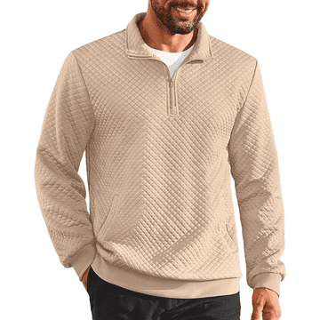 Nikcorp Muški džemper 1/4 zip elegantni slim fit s vafl teksturom bež L, rastezljivo pletivo s uzdignutim ovratnikom, moderan poslovni stil za proljeće i jesen, 98% poliester i 2% elastan, perivo u perilici