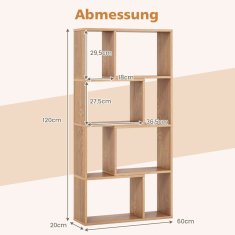 Northix Polica za knjige s 8 kocki, 4-slojna, 60x20x120 cm, prirodno drvo